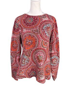 The Talbots Tee L Long Sleeve Top Floral Medallion Print Pink Red Blue
